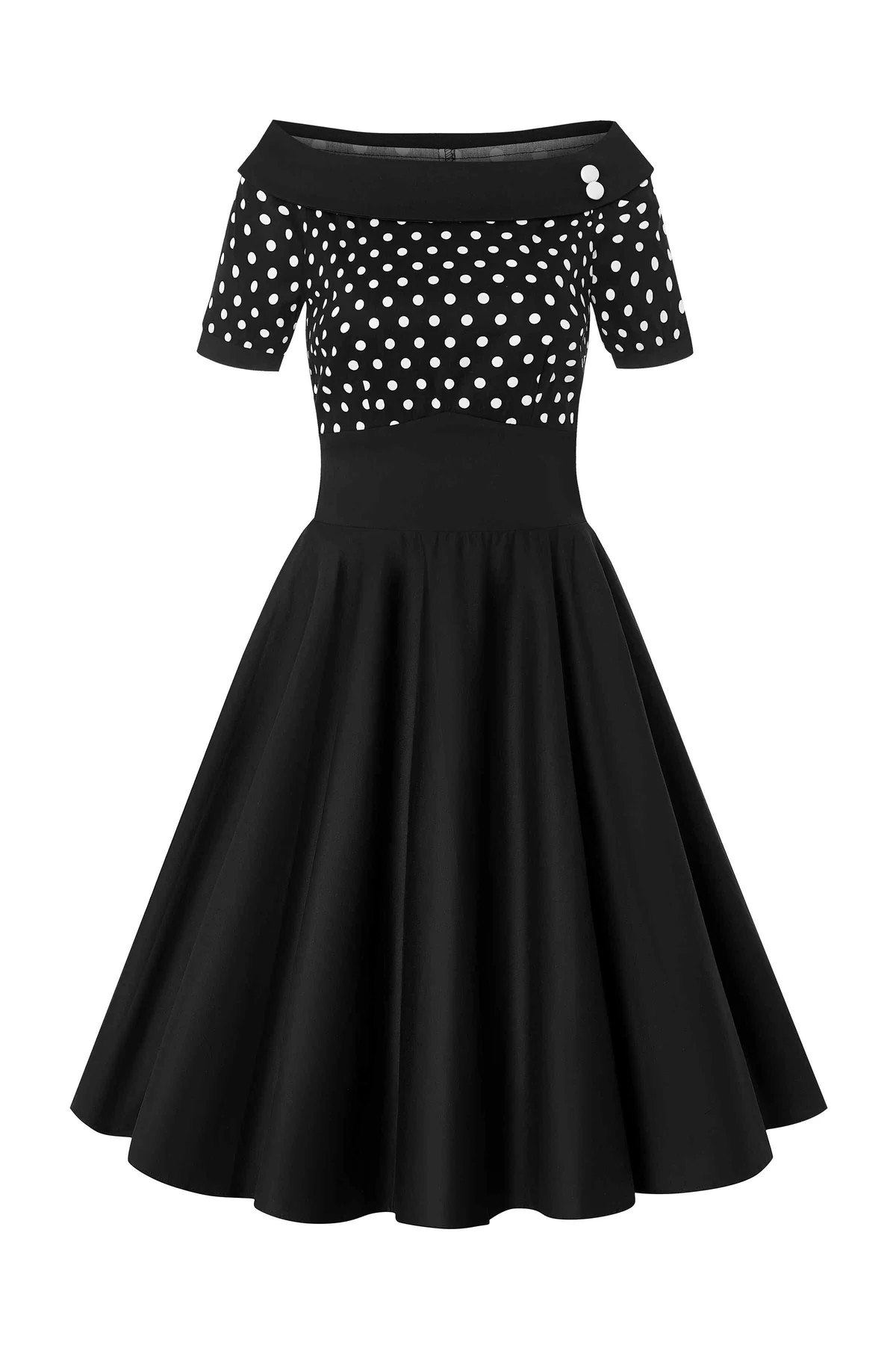 Darlene 50’s Style Swing Dress in Black/ White Polka – Image 2